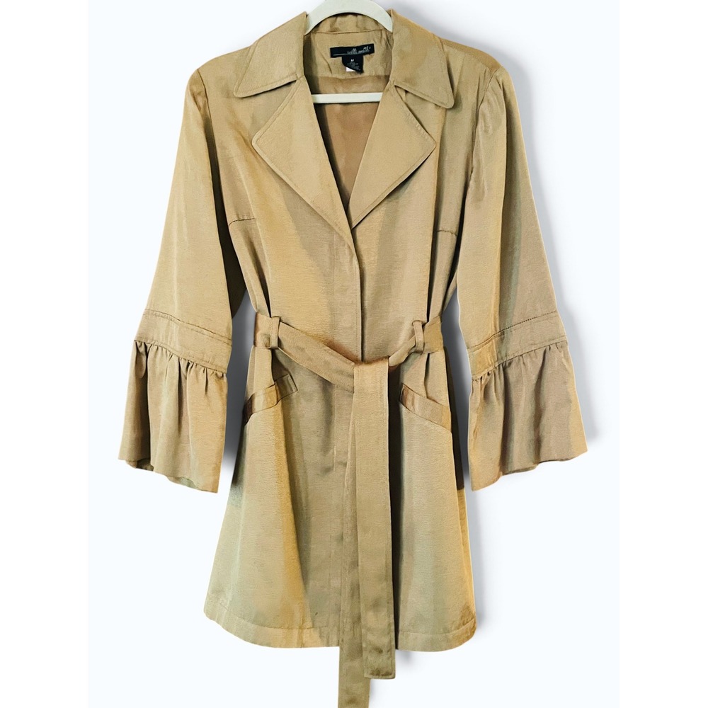 80s Vintage Willi Smith Gold Rayon Trench Coat Ruffle Sleeve Belted Archival M